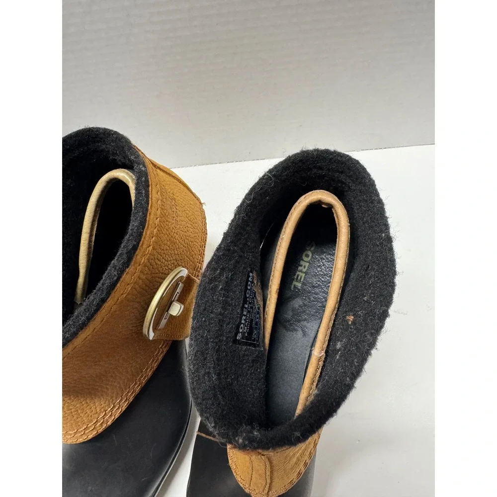 Sorel Medina III Rain Boots Black Tan Gold Heel Ankle Booties‎ Womens 6.5